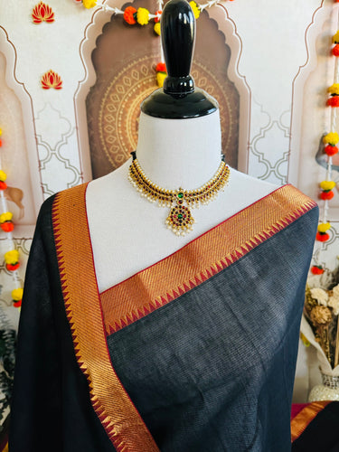 Handwoven Mangalgiri Cotton Saree | Black | Gold Zari | Handwoven | Ships from California